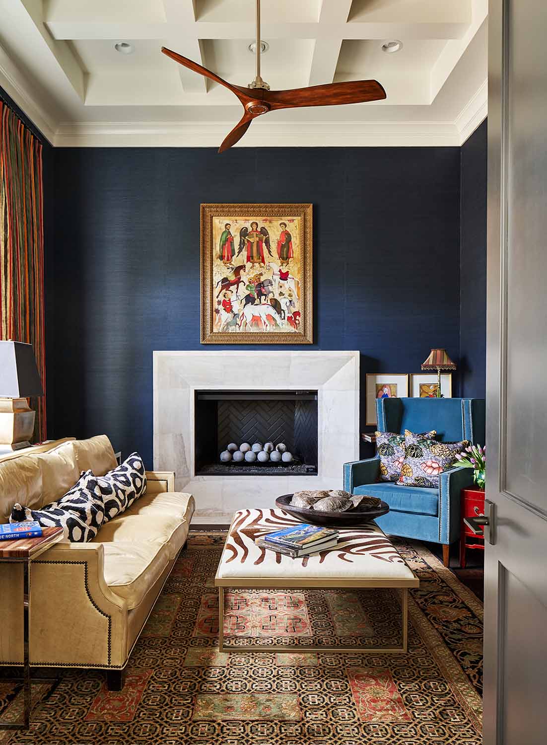 blue-grasscloth-wallpaper-installation-in-home-office-w-door
