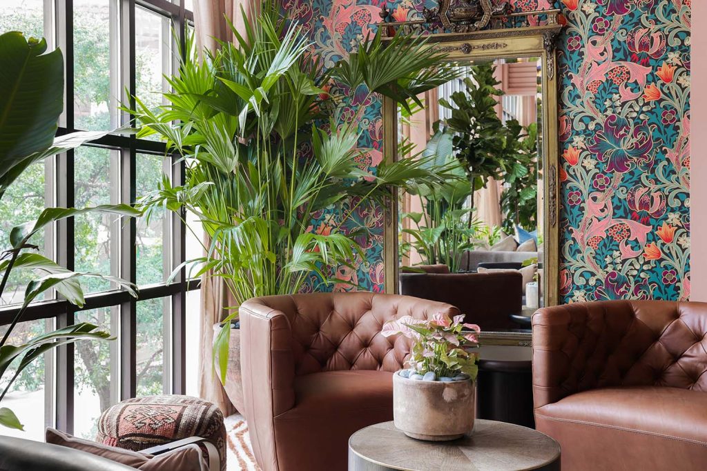 Wallpaper installation in lounge area at Estelle's, second floor, close-up