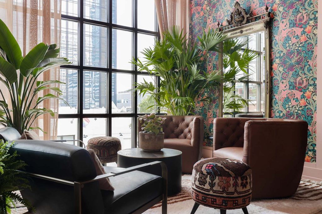 Wallpaper installation in lounge area at Estelle's, second floor