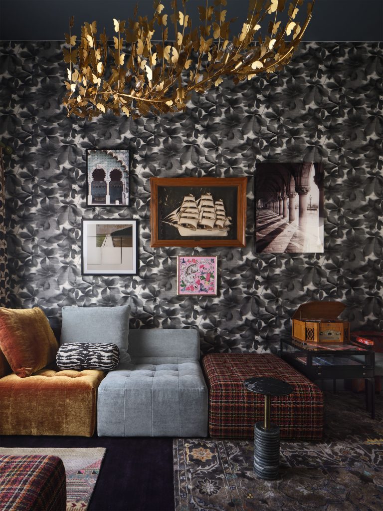 Harlequin "Grounded" wallpaper in game room lounge, design by Rhydima Brar