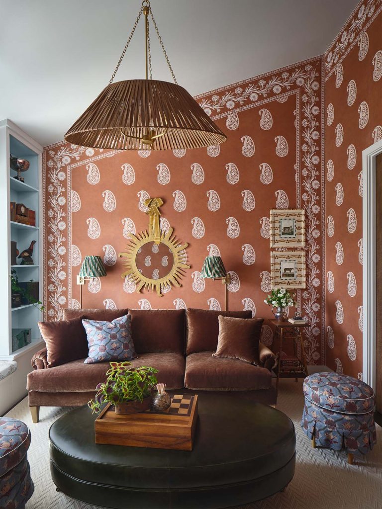 Secondary living area with custom-designed printed grasscloth, space by Leah O-Connell.