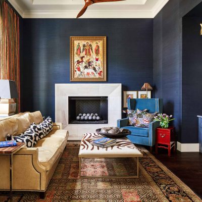 Blue-grasscloth-wallpaper-installation-in-home-office-and-living-room