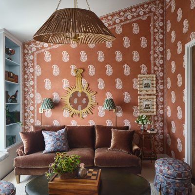 phillip-jeffries-pure-imagination-custom-orange-bandana-wallpaper-and-wallpaper-border-in-lounge-area-house-beautiful-whole-house-2025-in-austin-leah-oconnell-design